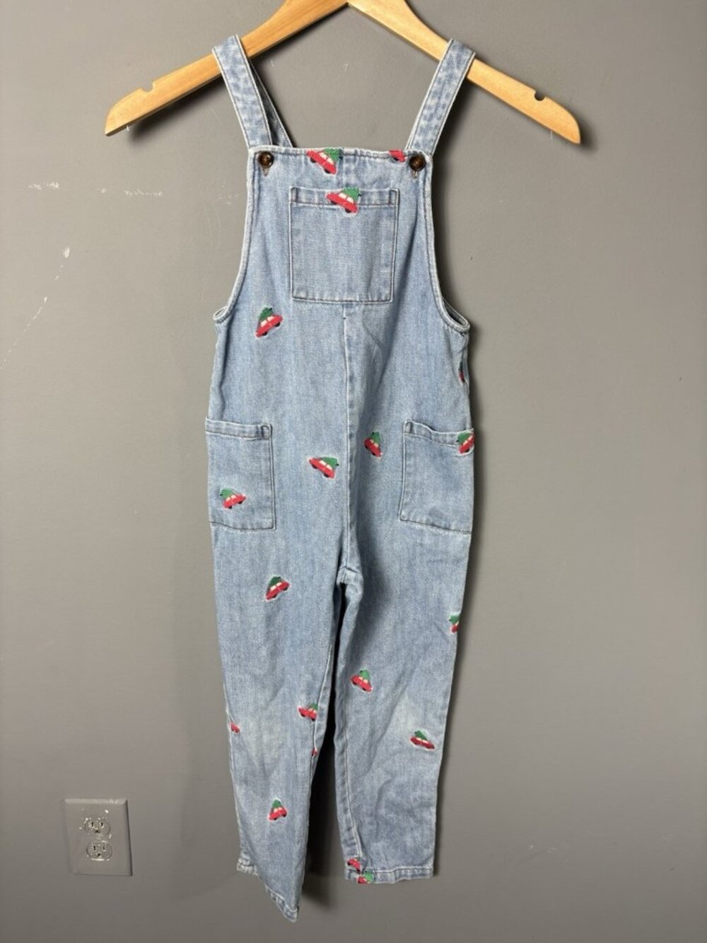 MINI BODEN Kids Girls Size 5-6 Blue Denim Red Truck Christmas Overalls Holiday